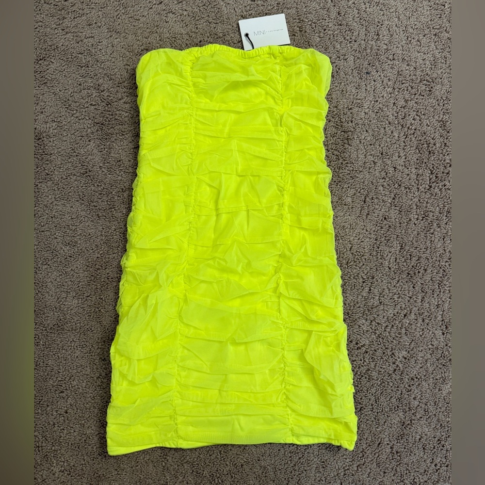 M.N.I Ruched Mini Pencil Dress Women size Small Medium Large Neon Yellow